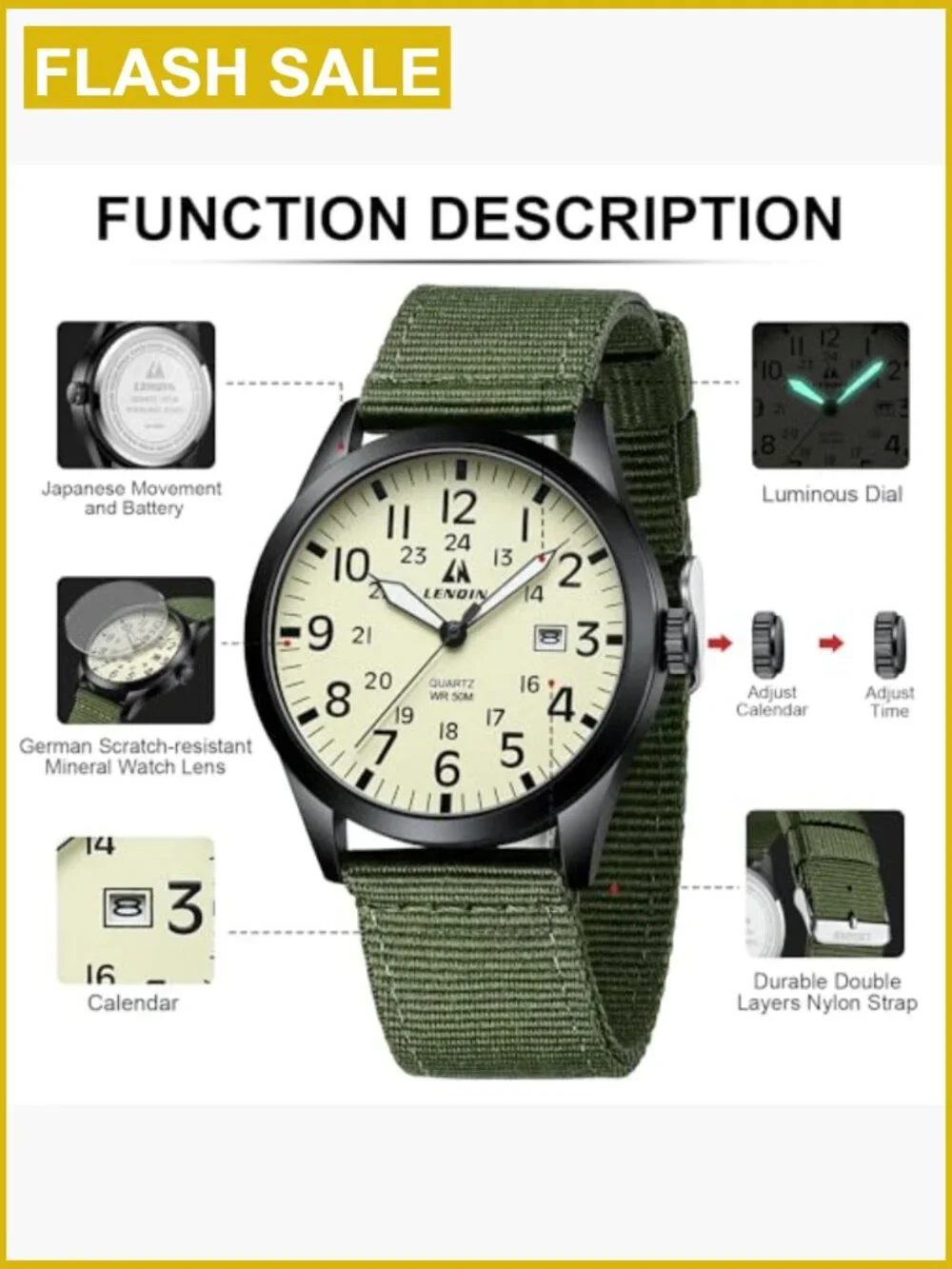 Military Sport Analog Quartz Watch Men Nylon Strap Luminous 3ATM Waterproof